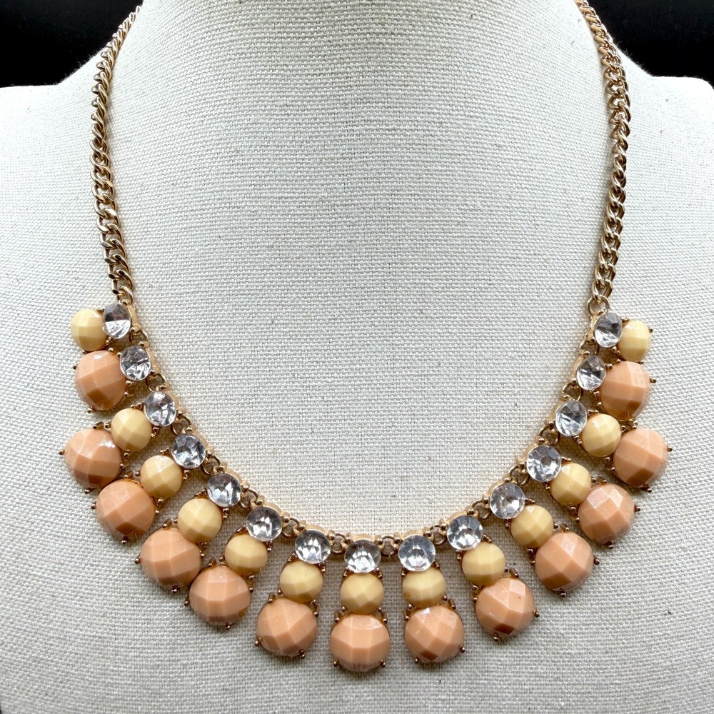Gold Tone Peach Cream Faceted Bead Rhinestone Bib Necklace Statement Boho Gift